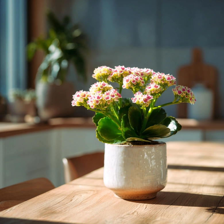 Kalanchoe Blossfeldiana s růžovými květy v hrnci na dřevěném stole.
