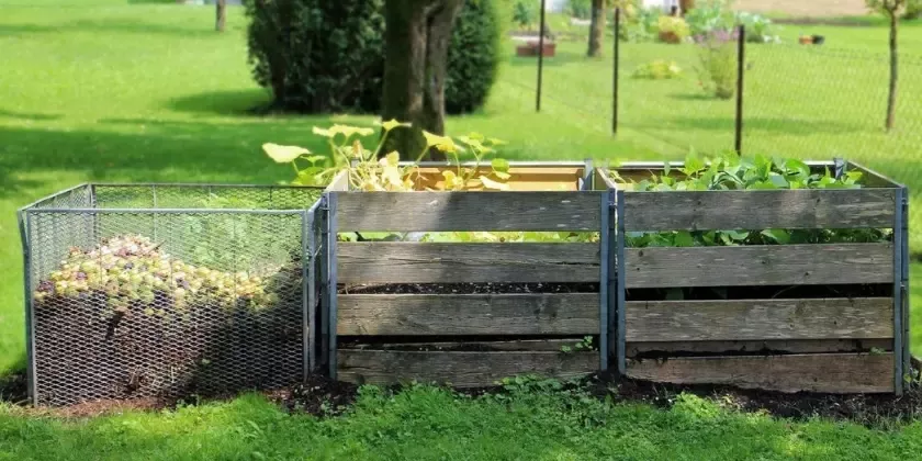 Dřevěné kompostéry s rostlinami na zahradním pozemku.