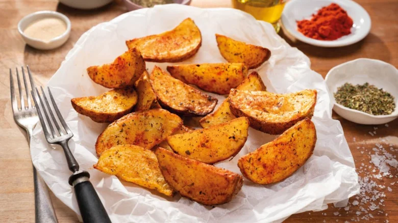 Pečené brambory v horkovzdušné fritéze s kořením na talíři.