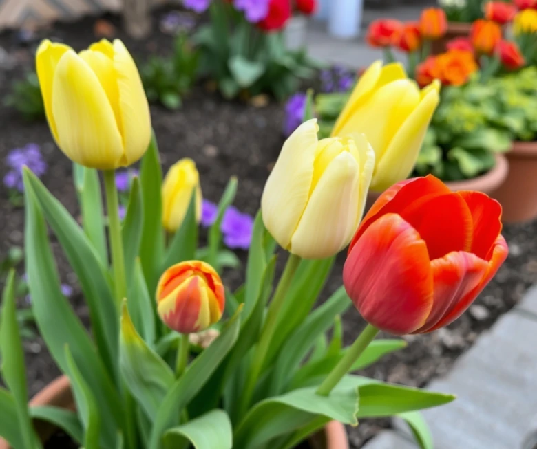 Žluté a červenohnědé tulipány v hrnci na zahradě.