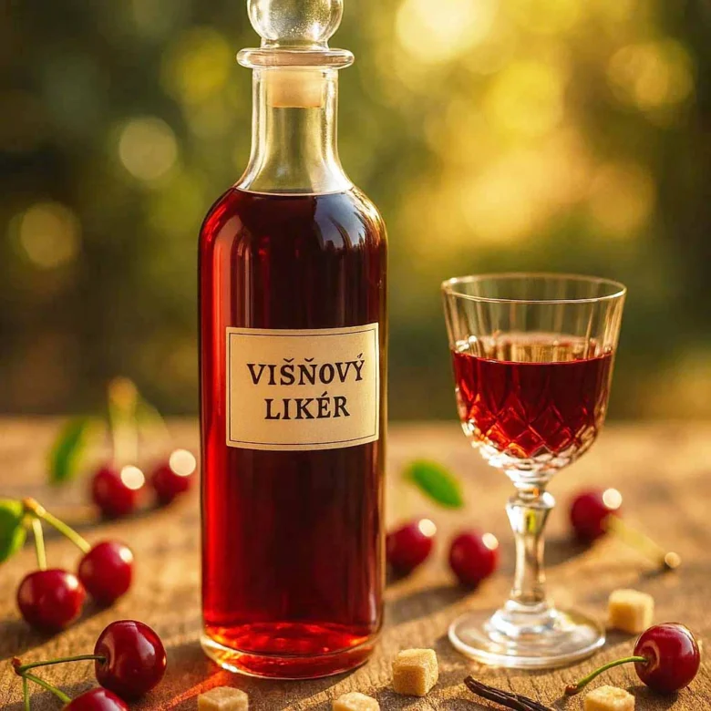 Lahvička višňovky s pohárem, čerstvé višně a cukrové kostičky na dřevěném povrchu.