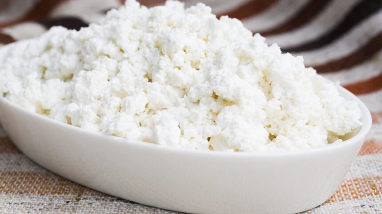 Homemade cottage cheese in bowl