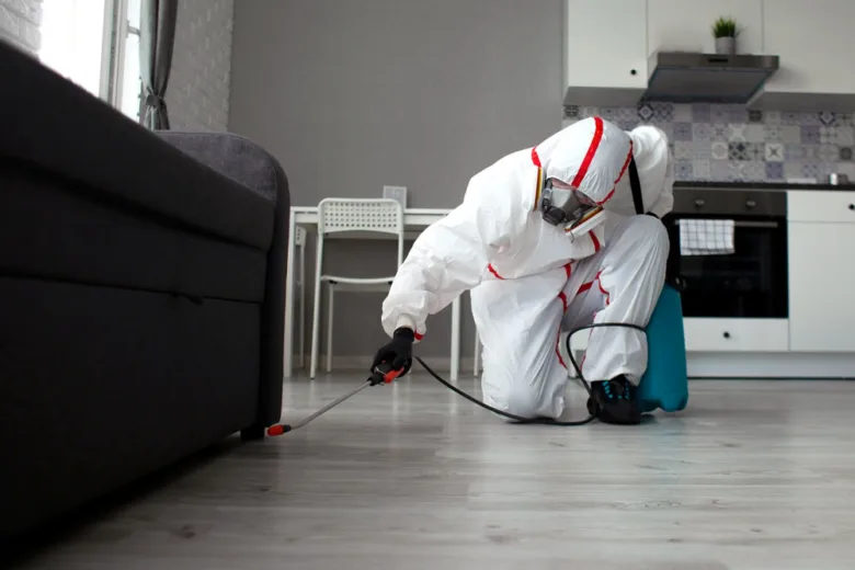 Profesionál v ochranném obleku postříká podlahu pesticidem.
