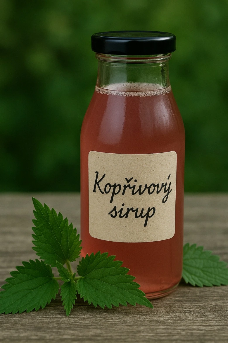 Sklenice kopřivového sirupu s čerstvými listy na dřevě.