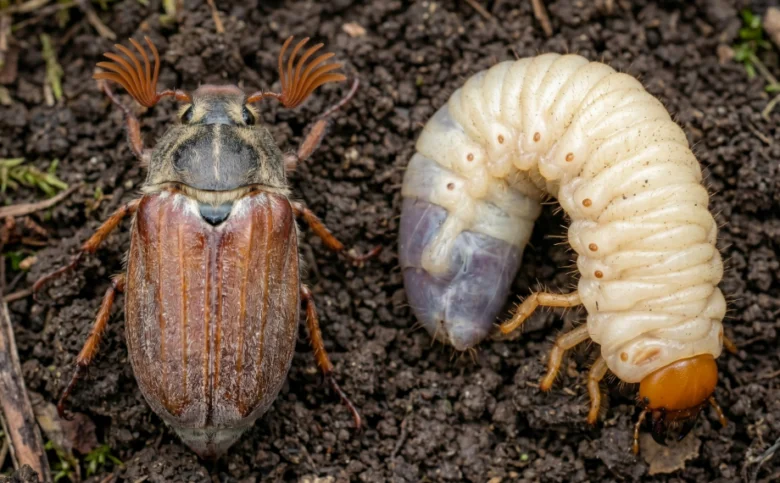 Dospělý chroust a jeho larva na zemi v zahradě.