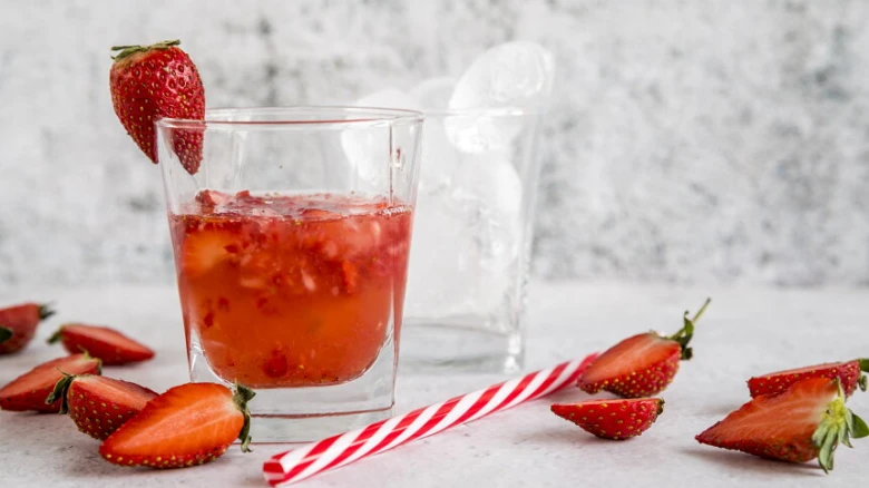 Strawberry drink with fruit pieces