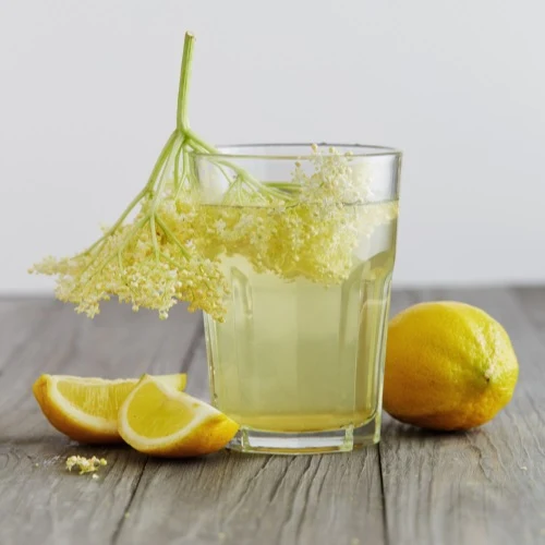 Sklenice bezové limonády s květem bezu a citrony na dřevě.