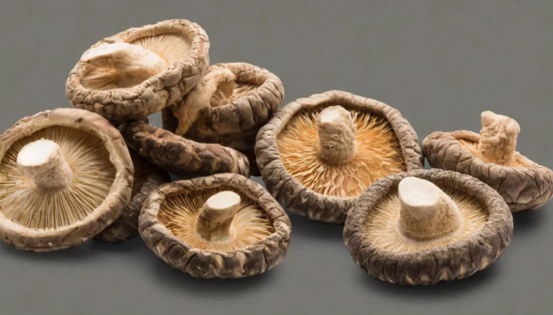 Skládka sušených hřibů Shiitake s viditelnými klobouky.