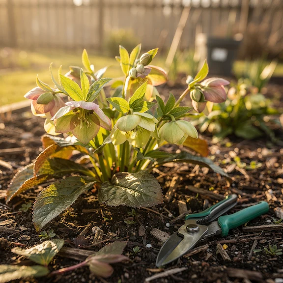 Rostlina Helleborus s nástrojem na řezání v zahradě.