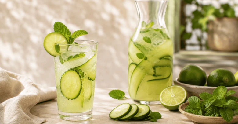 Domácí okurková limonáda s mátou a citronkou v sklenici vedle džbána.