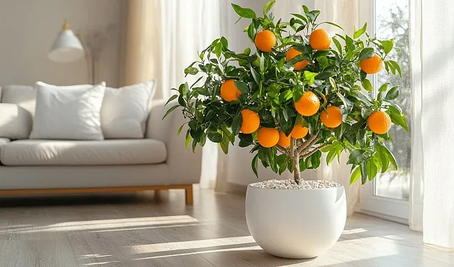 Mandarinkovník s plody v květináči na podlaze obývacího pokoje.
