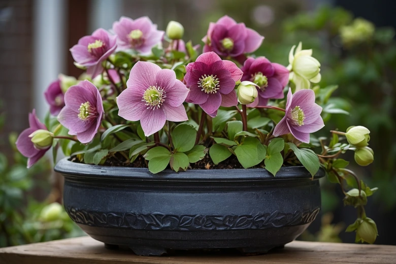 Rostlina helleborus v květináči s růžovými bílými květy.