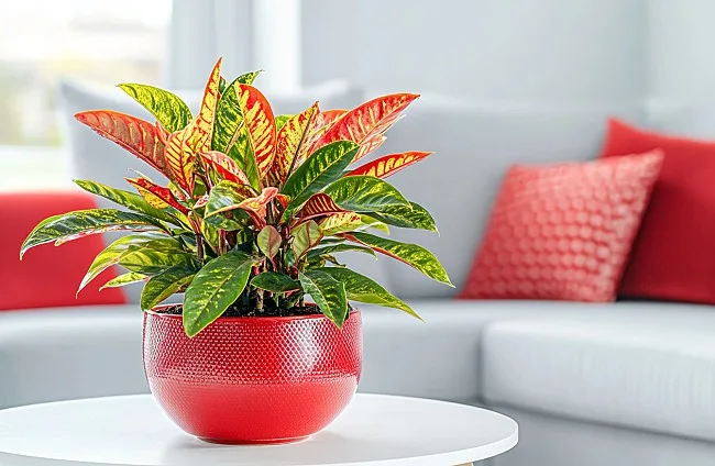 Květináč s tropickou rostlinou Croton na stole v obývacím pokoji.