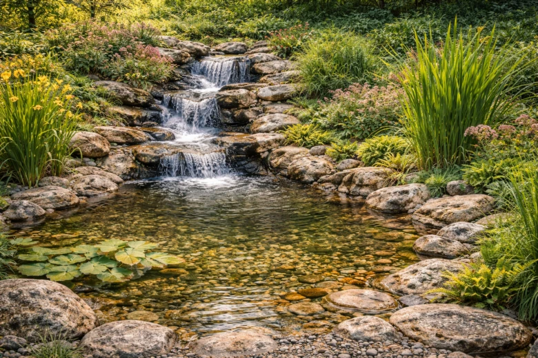 Garden pond with waterfall
