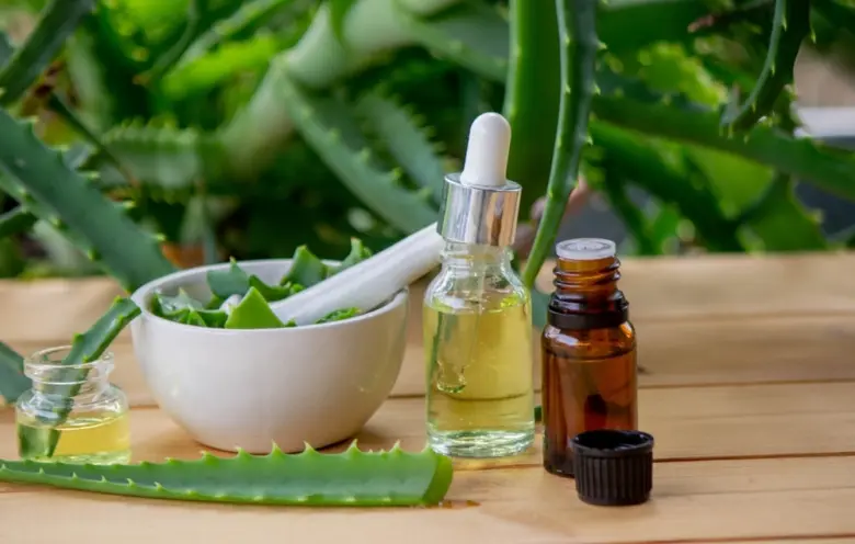 Bílá mrtví s nasekanými listy aloe vera vedle lahviček extraktu na dřevěném povrchu.