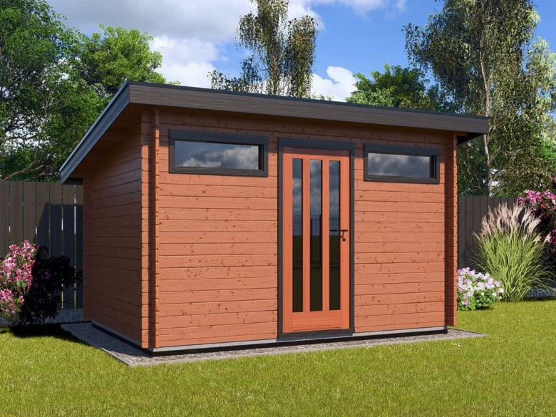 Moderní dřevěný zahradní domek s okny na trávníku.