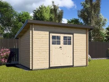 Moderní dřevěný zahradní domek s dvířky na trávníku.